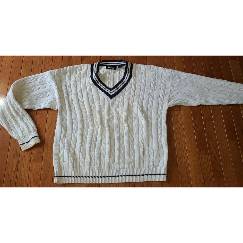 VTG 90s Woods & Gray Cable Knit Sweater - V-Neck - Navy/Cream - XL Country Club